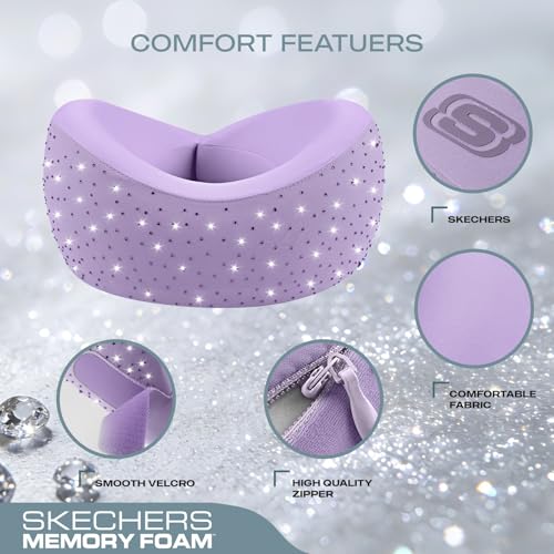 Skechers Oreiller de voyage en strass brillant pour voyage, oreiller de voyage en mousse à mémoire de forme diamant scintillant pour avion, oreiller de voyage pour appui-tête de vol, accessoires d'avion portables, violet – Image 3