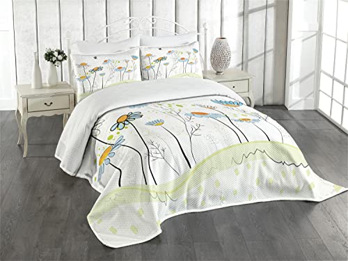 Lunarable Floral Bedspread, Gardening Theme Daisy Flowers In Spring Illustration Romantic Design, Decorative Quilted 3 Piece Coverlet Set With 2 Pillow Shams, Queen Size, Blue Yellow #TOP4