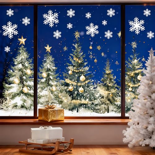 Whaline 9 Sheets Christmas Window Clings Window Decals Watercolor Xmas Tree Ball Winter Forest Reusable Anti-Collision PVC Stickers for Holiday Home Glass Mirror Decor