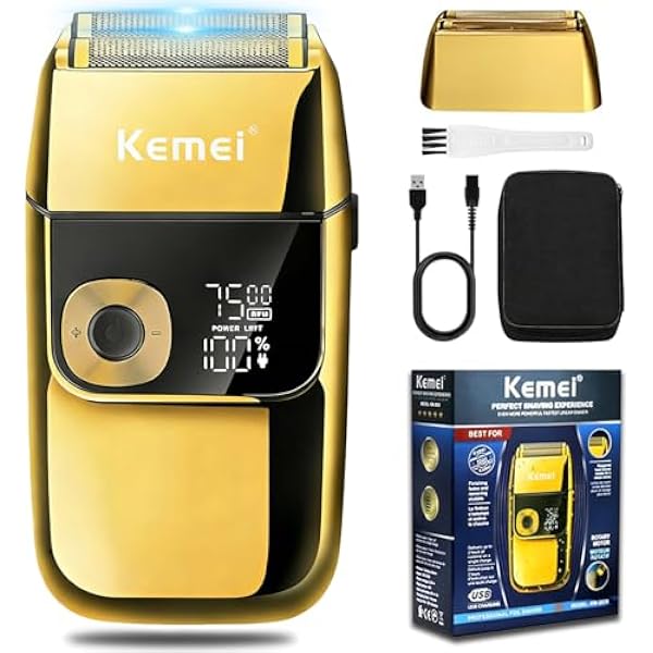 KEMEI Golarki elektryczne dla mężczyzn, golarki bez kabla z wyświetlaczem LCD, ładowane przez USB z wysuwanym trymerem do brody, najlepszy prezent podróżny na całym świecie, model KM 2028, złoty