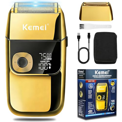 Kemei Rasoir électrique pour homme, tondeuse à barbe rechargeable sans fil, lavable, USB, affichage LED, rasoir en feuille de titane avec étui de transport