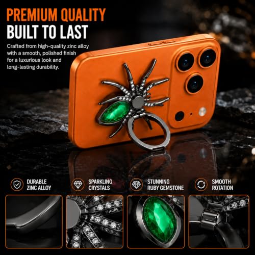 Image of Mizi Spider Phone Ring Holder Stand, 360 Rotating & 180 Flip Finger Grip Kickstand with 3M Adhesive, Zinc Alloy Rhinestone Phone Ring Holder for iPhone, Samsung & All Smartphones - Green