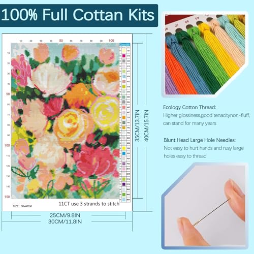 Image of Gamteldot Flower Stamped Cross Stitch Kits,11CT Cross Stitch Kits for Beginners,DIY Needlepoint Kits for Adults,Embroidery Patterns Art Crafts Kits for Home Decor and Gift