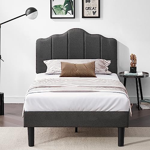 Vecelo Twin Upholstered Platform Bed Frame With Height Adjustable Headboard, Mattress Foundation With Strong Wood Slat Support, No Box Spring Needed, Easy Assembly #TOP2
