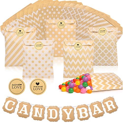 FORMIZON 50 Pièces de Petits Sacs Cadeaux de Bonbons Avec Autocollants Décoratifs, Bannière de Bar Candy, pour décoration pour Fêtes d'anniversaire, Mariages, Anniversaire, événement