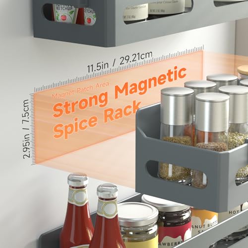 Image of Sevenblue 4-Pack Magnetic Spice Rack for Refrigerator with Hooks, Grey