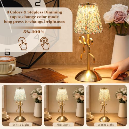 Image of Liliful 2 Pcs Cordless Table Lamp Rechargeable Touch LED Small Gold Portable Battery Operated USB-c Desk Lamp 3 Color Dimmable for Bedroom Living Room Dining (Gold,Floral Style Bow)