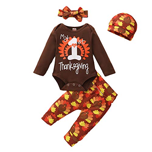 Mikrdoo Newborn Baby Thanksgiving Outfit Letter Print Romper Pant Outfit Set Baby Clothes Thanksgiving 0-3 Months Brown