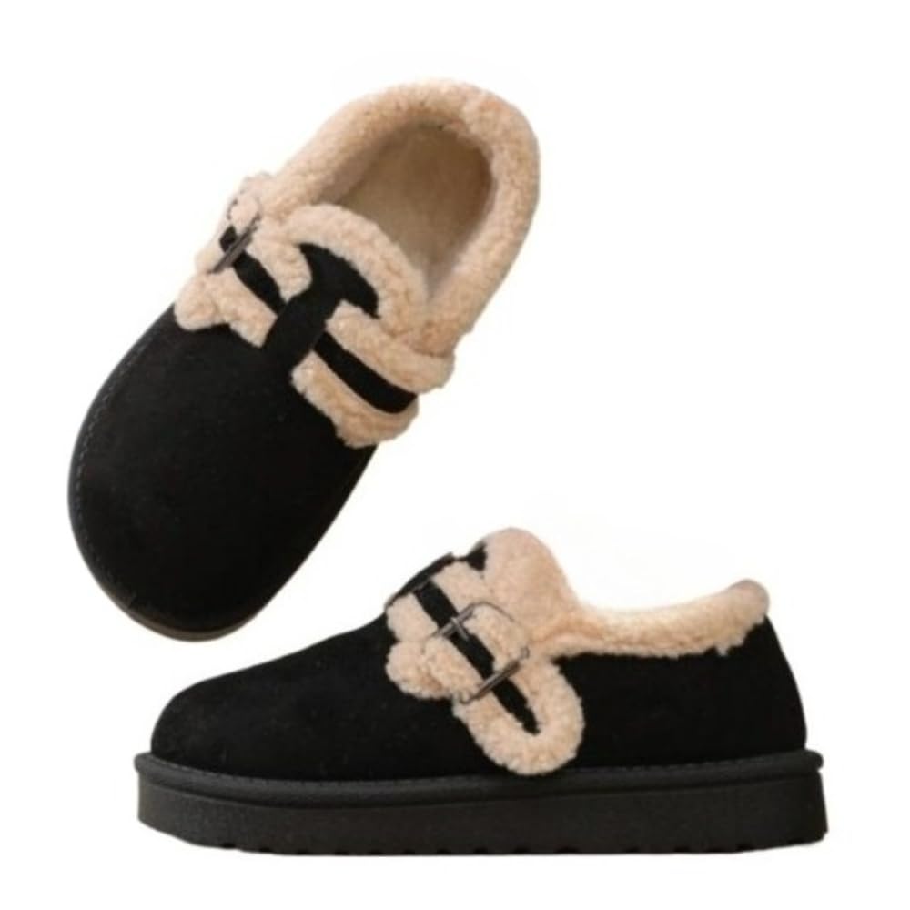 Womens Winter Casual Snow Boots Faux Fur Lined Ankle Booties with Metal Buckle Decoration Platform Slip on Loafers