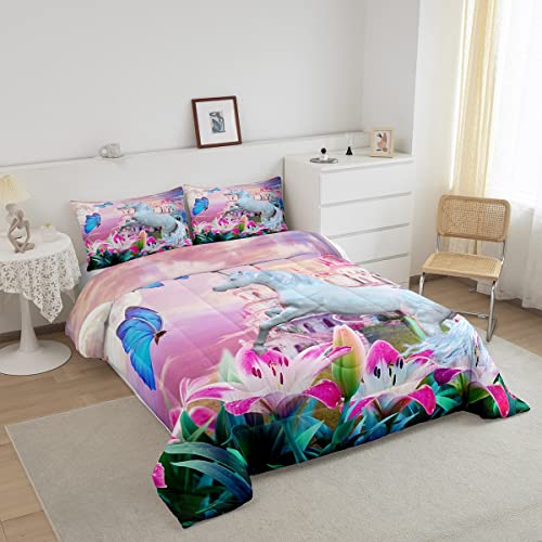 Feelyou Unicorn Bedding Set Jumping Unicorn Decor Comforter Set For Kids Boys Girls Magical Butterfly Lily Floral Comforter Princess Castle Quilt Set Room Decor 2Pcs Twin Size #TOP1