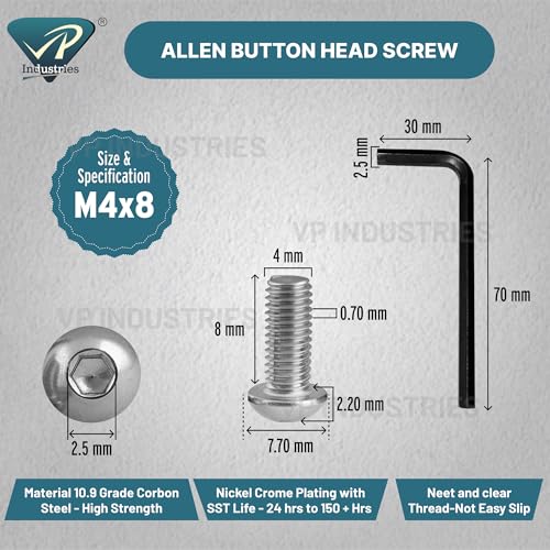 Image of By inchVP INDUSTRIES inch (Pcs-20) M4x8 mm Allen Button Head Cap Screw Stainless Steel | Round Head Screw for Modular Furniture, Wooden Work, Electrical Fittings, DIY & Industrial Use