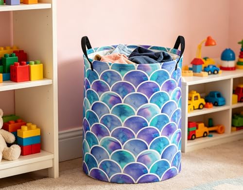 Image of ESSME Kids Laundry Basket,Mermaid Hamper Collapsible Canvas Waterproof Storage Bin for Girls, Cute Hamper,Gift Baskets(Blue)