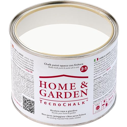 TecnoChalk® Home & Garden Nuova Chalk Paint Extra Forte - Non Richiede Finitura – Ricolora Senza Carteggiare Casa e Giardino - Vernice tutto-in-uno - Senza Solventi - Colore Bianco Gesso (500 ml)