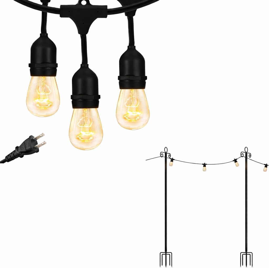 Brightech Bundle Ambience Pro Incandescent Outdoor String Lights - Commercial Grade Waterproof Patio Lights with 24 Ft + 2-Pack 10FT String Light Poles
