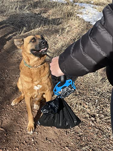 Image of Ultra Slim Bag Holder For Leash-One-Handed Operation- Keeps Rolls Secure Without Unrolling-Double Bag Hooks For Full Bags- Includes (1) Roll of Dog Waste Bags (2 Pack, Blue)