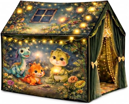 Image of Kids Play Tent House with Dinosaur Theme, Polyester, Dark Green, Foldable, for Boys and Girls Aged 4-10 Years