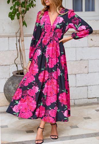 Image of Maxigerui Women's Long Sleeve Floral Maxi Dress 2026 Spring Summer Wedding Guest Dress Red Floral L