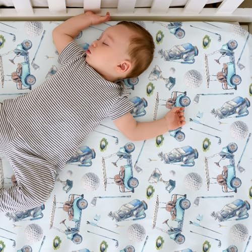 Image of Baby Boys Standard Crib Sheet Covers Golf Gear Sport, Watercolor Blue Ball Glove Car Stick Snug Fitted Toddler Mattress Sheet, Soft Stretchy Breathable Kids Nursery Bed Decor Gift 52 x 28