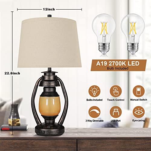 Farmhouse Table Lamps For Living Room Set Of 2, 3-Way Dimmable Bedside Touch Table Lamps With Led Lantern Nightlight, Bedroom Nightstand Lamps For End Table, Usb Port&Bulbs Included, Rustic Room Decor #TOP2