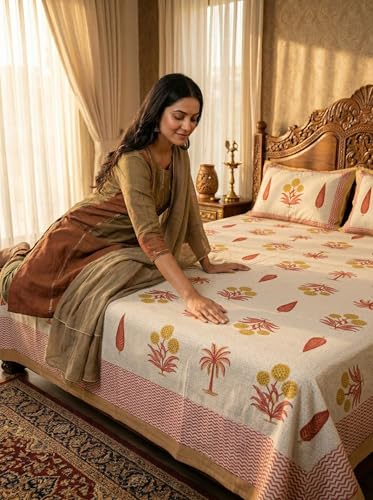 Image of Mafatlal 144 TC Jaipuri Cotton King Bedsheet | 90 x 108 Inches | Soft & Skin-Friendly | Handcrafted Jaipuri Print | 2 Pillow Covers | Tutu Pink