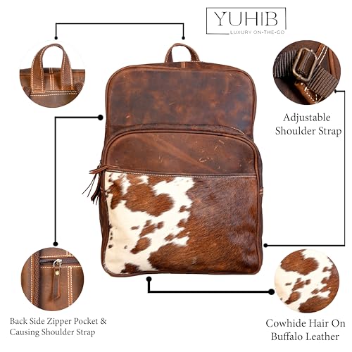 YUHIB Cowhide Leather Backpack for Men & Women 15 Inches Full Grain Leather Laptop Backpack Vintage Cow Skin Rucksack Knapsack Shoulder Leather Bag for Travel Hiking Adventure Dailywear2