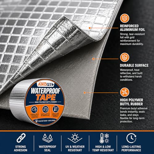 Image of Super Strong Adhesive Waterproof tape Permanent Repair Roof Water Leakage Solution Rubber Foil Suitable for Roof Leak, surface Crack, Window Sill Gap, Tank Leak (4 Inch (10CM*5M))
