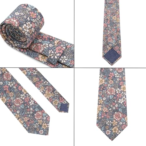Image of Cotton Floral Ties for Men 2.76 inch Men's Skinny Tie Linen Flower Printed Neck Tie for Wedding Dating Party