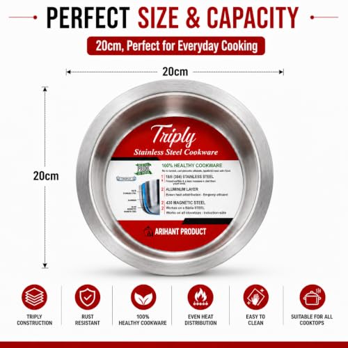 Image of Triply Stainless Steel Tope, Induction and Gas Stove Compatible, Heavy Duty Cookware Patila, 20 cm, Even Heat Distribution, Ideal for Boiling Milk, Rice, Dal, Soups and Everyday Cook