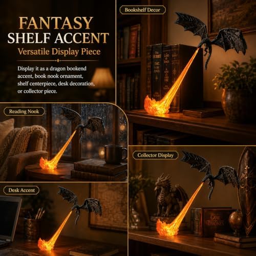 Dragon Bookshelf Nook Light, 3D Printed Fire-Breathing Dragon Decor with Flame Glow, Fantasy Shelf Display Lamp for Book Lovers, Flying Dragon Design Bookshelf Light，Black Dragon With Blue Flame：Small — view 6