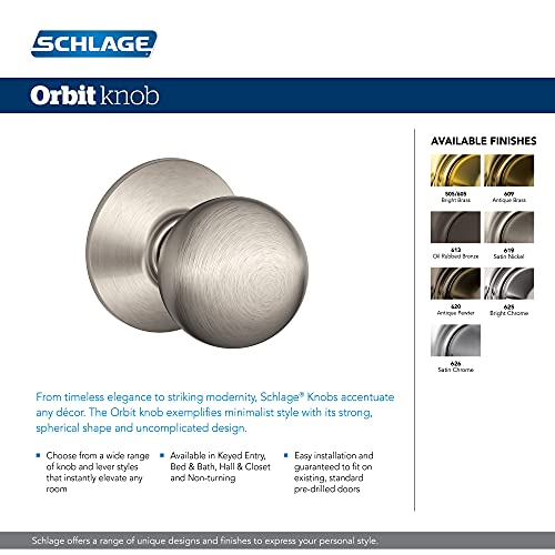 SCHLAGE F10 ORB 605 Orbit Door Knob, Hall & Closet Passage Lock, Bright Brass, Pack of 1 - Image 3