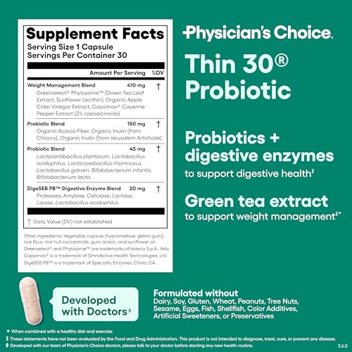 Image of Physician's CHOICE Probiotics for Weight Management & Bloating, 30ct | 6 Probiotic Strains, Prebiotics, Cayenne, & Green Tea for Gut Health, Bloating Relief, & Weight Management for Women & Men