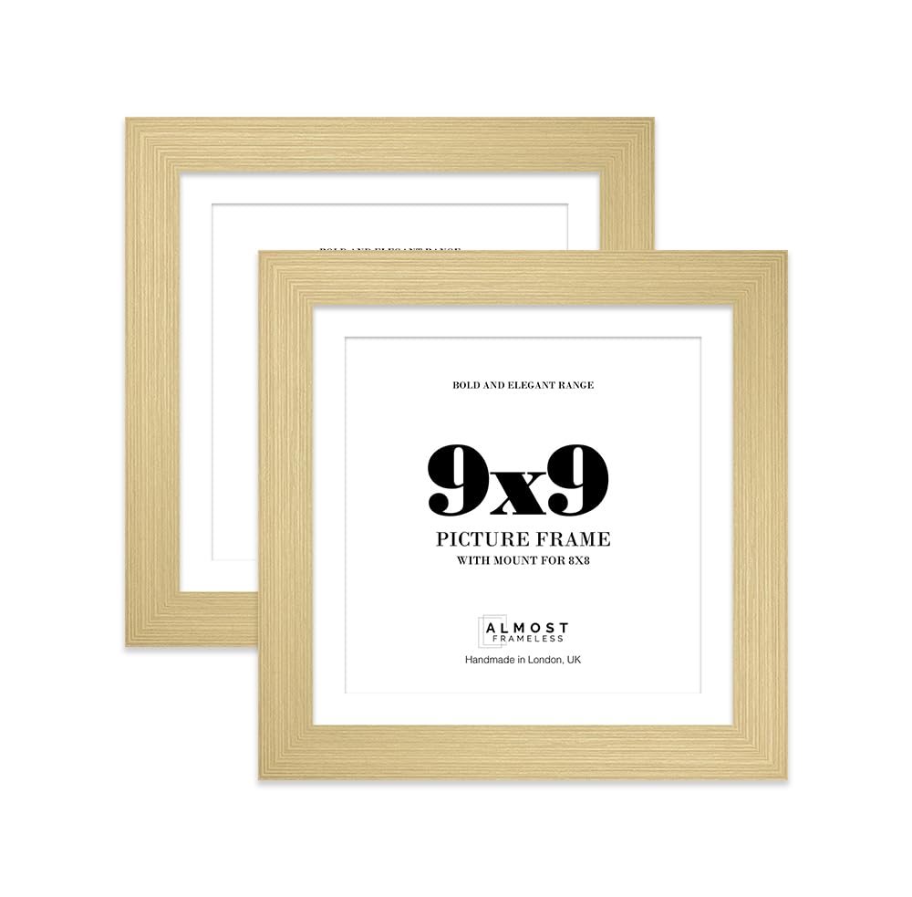 9x9" Gold Square Frame With Mount for 8x8" Pictures 28mm Edge Frame Display with Wall Hooks and Kickstand, 2 Pack