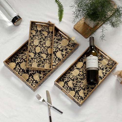 Image of Set of 3 Waterproof Lacquer Coated Wooden Trays - Embossed Floral Design in Gold & Black, Multipurpose MDF Serving Tray with Handles (16x10, 14x8, 12x6 Inches) (PremiumSetof3- BlackFloral)