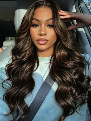 Image of KLAIYI Bye Bye Slip Golden Brown Highlight Body Wave Glueless Precut 7x5 Lace Front Wigs Human Hair Drawstring Pre Plucked Bleached Knots Ombre 3S Ready to Wear and Go Wig with Dark Roots 180% 22Inch