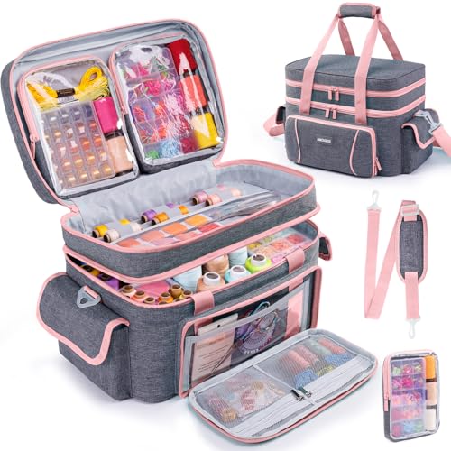 AMOIGEE Double-Layer Sewing Storage Bag with 2 Detachable Pouches – Large Sewing Organizer with Shoulder Strap, Elastic Loops & Dividers for Sewing Supplies, Tools & Accessories