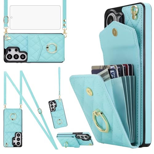 Asuwish Phone Case for Samsung Galaxy S26 Ultra 5G Wallet Cell Cover with Tempered Glass Screen Protector Wrist Strap Ring RFID Blocking Card Holder S26Ultra 26S S 26 26Ultra SM-S948U Women Men Teal