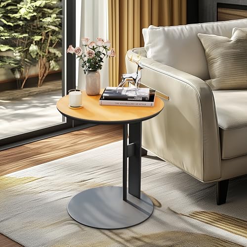 Artloge Beistelltisch Runder Sofatisch C-Form, Kleiner Beistelltisch stylischer Kaffeetisch Luxus Kratzfestes Leder, Wohnzimmertisch mit Metallgestell für Couch und Sofa 46×46×50 cm, Orange