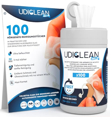 100 Reinigungstücher für Hörgeräte Reinigung und Reinigungsmittel Udiclean - im Wiederverschließbaren Feuchtigkeitssparenden Spender - Hochwertige Maxi- und Widerstandsfähige Tücher