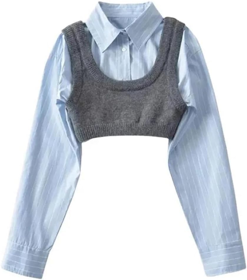 [Ornrjfll] レディース ツーピース クロップトップ シャツとニットベスト セット ストリートウェア スーツ