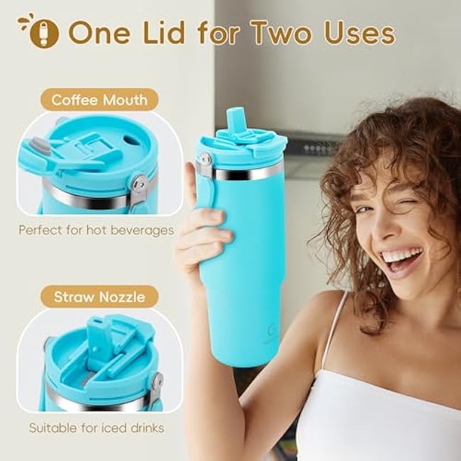 VUSIGN 30 oz Tumbler with Handle and Flip Straw, Stainless Steel Vacuum Insulated Water Bottle Travel Mug Thermal Cup for Home, Office, Car, Outdoors, Sports, Sky Blue