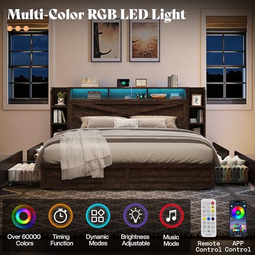 Image of AMERLIFE 45'' Farmhouse King Bed Frame with 4 Drawers, LED Bed Frame with Bookcase Headboard & Side Shelves, Wood Platform Bed with Charging Station, Walnut