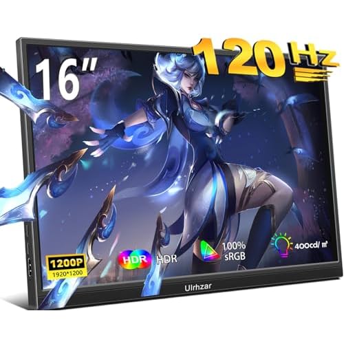 Ulrhzar 120Hz Portable Monitor 16 Inch Gaming Monitor HDR FHD 1920x1200P Laptop Monitor with VESA IPS 16:10 Contrast Standard HDMI/Type-C, External Monitor for PC/Laptop/PS3 4/Phone Built-in Speakers