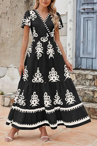 Image of PRETTYGARDEN Womens 2026 Summer Casual V Neck Boho Maxi Dress Flowy Aline Bell Sleeve Tiered Floral Dresses with Pocket