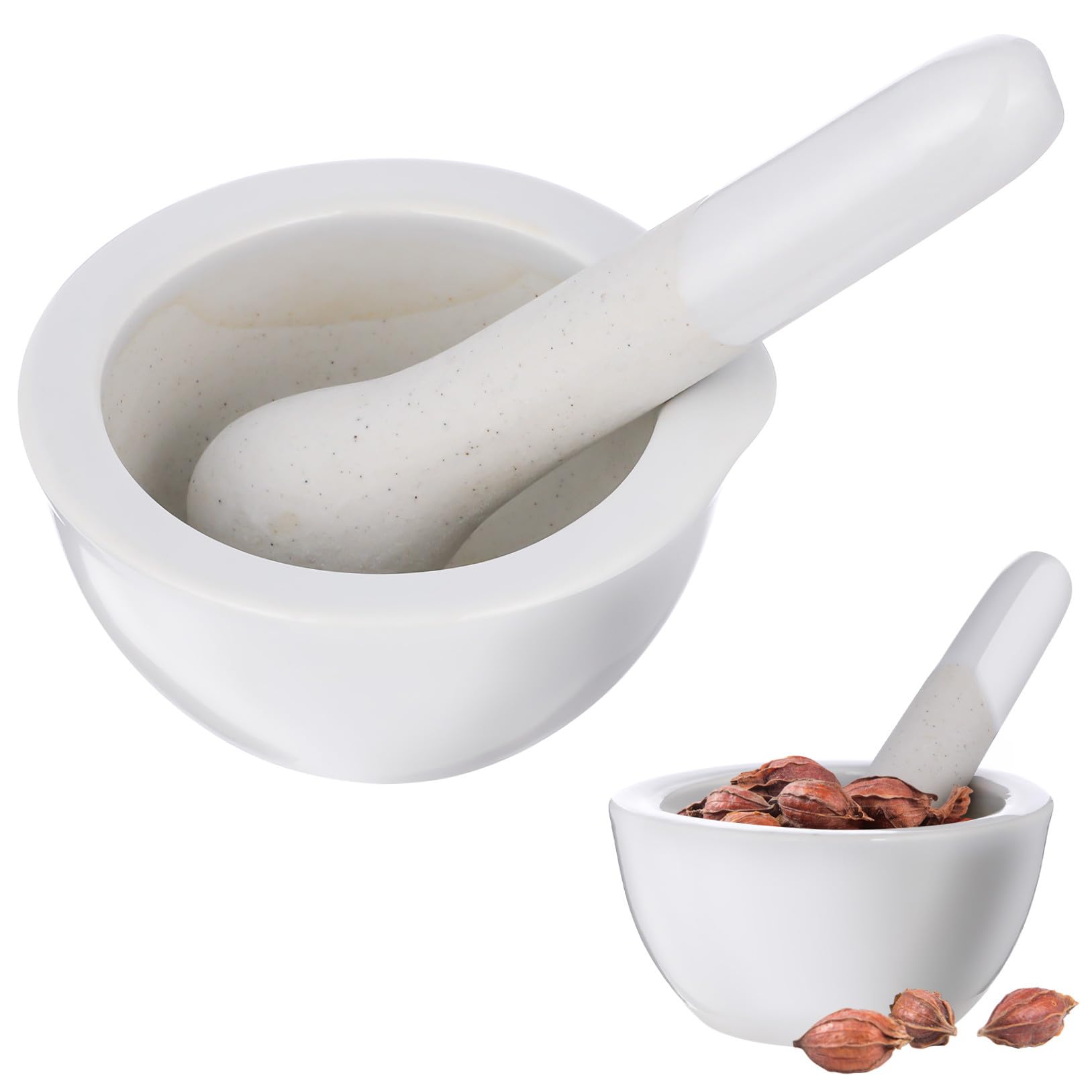CALLARON Juego de Mortero y Mano de Mortero de Porcelana de Color Claro 60 Mm, 2 Piezas, Kit para Moler Especias y Medicamentos, Utensilios para Cocina y Laboratorio, Fácil Limpieza, Uso