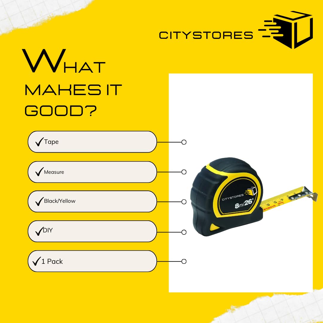 Citystores® STY Pocket Tape 8m/26ft 25mm Wide Blade Durable Measuring Tape with Easy Read Metric & Imperial Markings Impact Resistant Case for Professional & DIY Use - Image 2