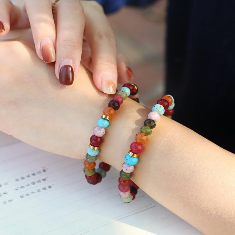 Natural Energy Stone Beaded Bracelet, Handmade Agate Gemstone Stretch Bracelet for Women, Boho Healing Crystal Beads Jewelry for Good Luck & Protection (A) - Image 2