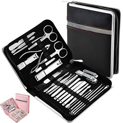 Kit Manicure e Pedicure com 26 Pçs - Alicate de Unha, Palito, Desencravador, Tesourinha, Espátula - Matetrial Durável em Aço Inox - Para Cuidados Pessoais com as Mãos Pés e Rosto, e Presente Criativo Unissex (Preto)