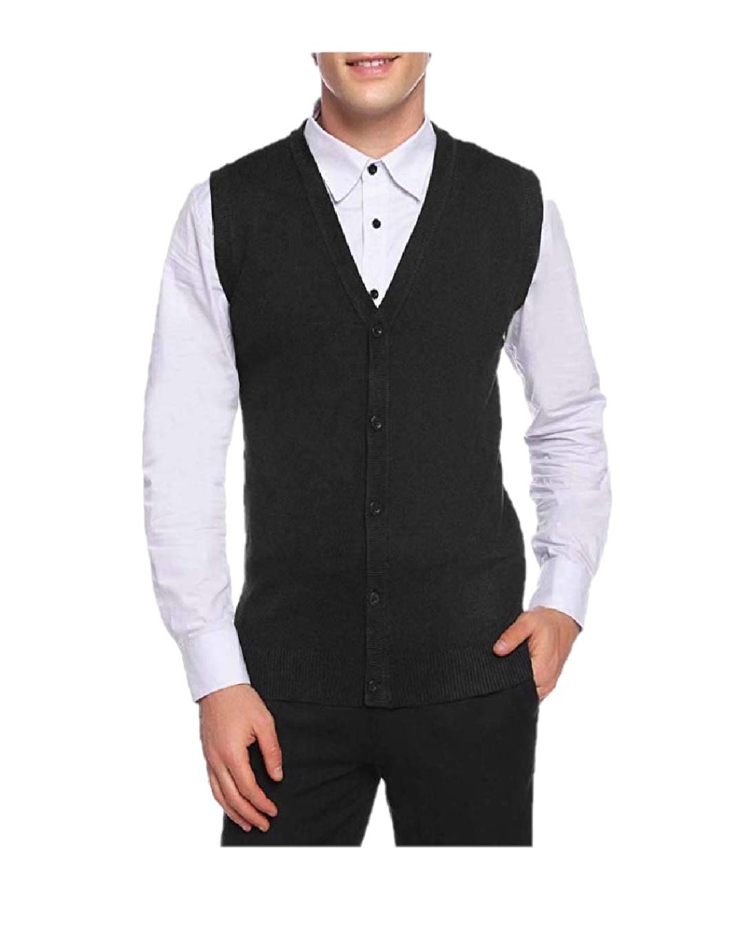 v4u Men's Front Open Buttoned Sleeveless Woollen Cardigan with Pockets (Black, Meidum)-picture-15