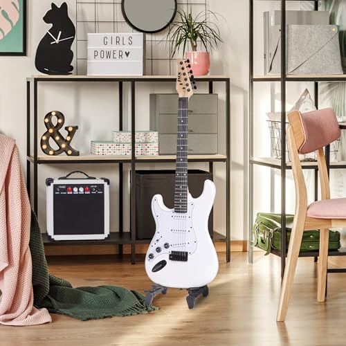 Image of LyxPro Left Hand 39 Inch Electric Guitar and Starter Kit for Lefty Full Size Beginner's Guitar, Amp, Six Strings, Two Picks, Shoulder Strap, Digital Clip On Tuner, Guitar Cable and Soft Case - White