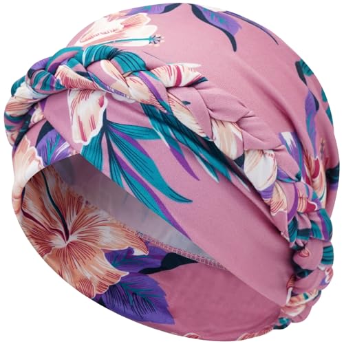 LIMHOO Womens Pre-Tied Twisted Braid Turban Hat Boho Head Wrap Beanie Cap for Chemo Hair Loss Casual Headwear (Pink Yellow)